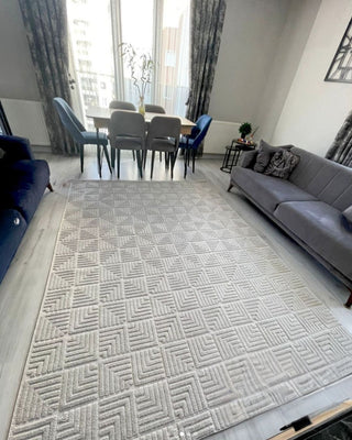 Defne Geometrik Desen Makine Halısı Gri