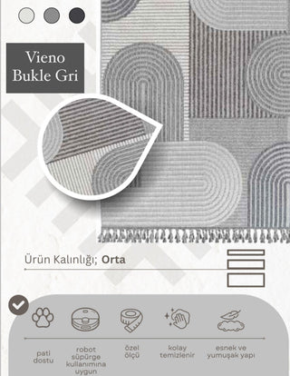 Vieno Defne Desenli Bukle Makine Halısı Gri