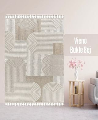 Vieno Defne Desenli Bukle Makine Halısı Bej