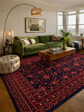 Afgan Desenli Makine Halısı Geleneksel Lacivert