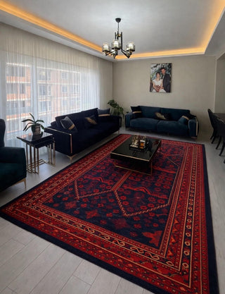 Afgan Desenli Makine Halısı Lacivert