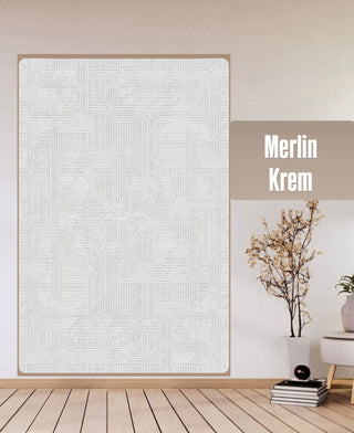 Merlin Defne Desen Yeni Sezon Makine Halısı Krem